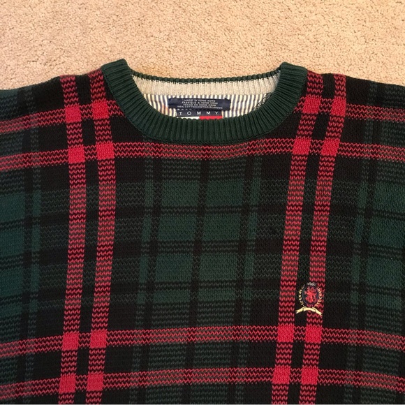 Vintage Tommy Hilfiger Sweater Adult Size Large Hunter Green Plaid Crest Men 90s - Picture 2 of 8